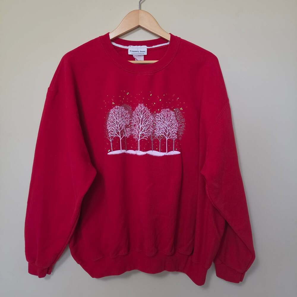 Vintage 90's Country Store 3X Winter Trees Sequins Sweatshirt Grandma Red